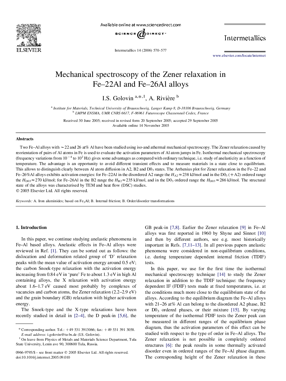 Mechanical spectroscopy of the Zener relaxation in Fe-22Al and Fe-26Al alloys