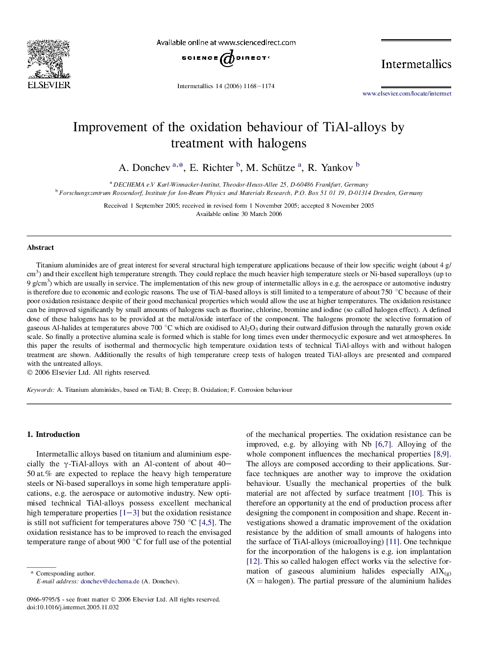 Improvement of the oxidation behaviour of TiAl-alloys by treatment with halogens