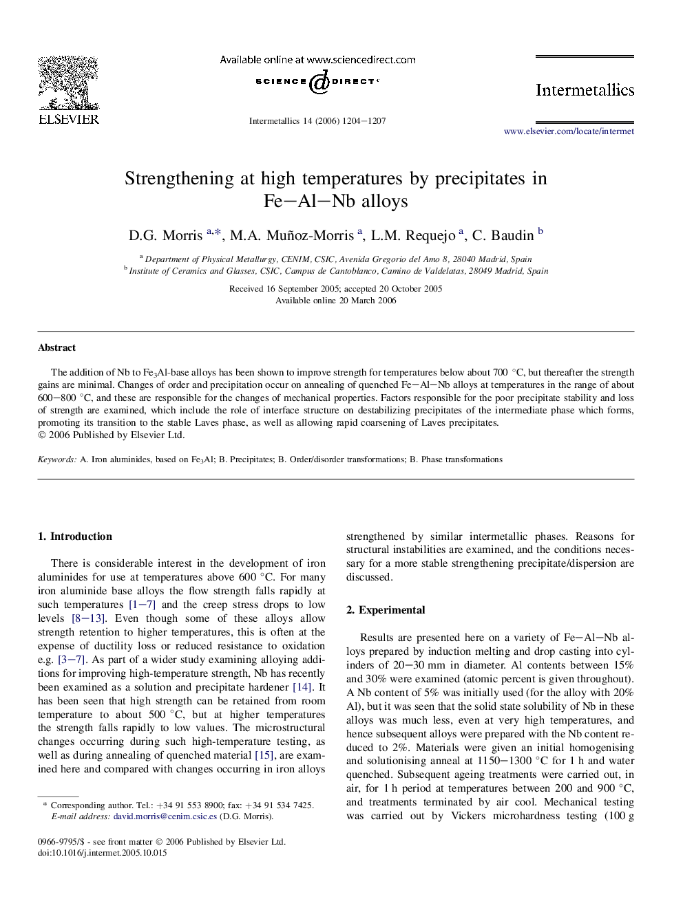 Strengthening at high temperatures by precipitates in Fe–Al–Nb alloys