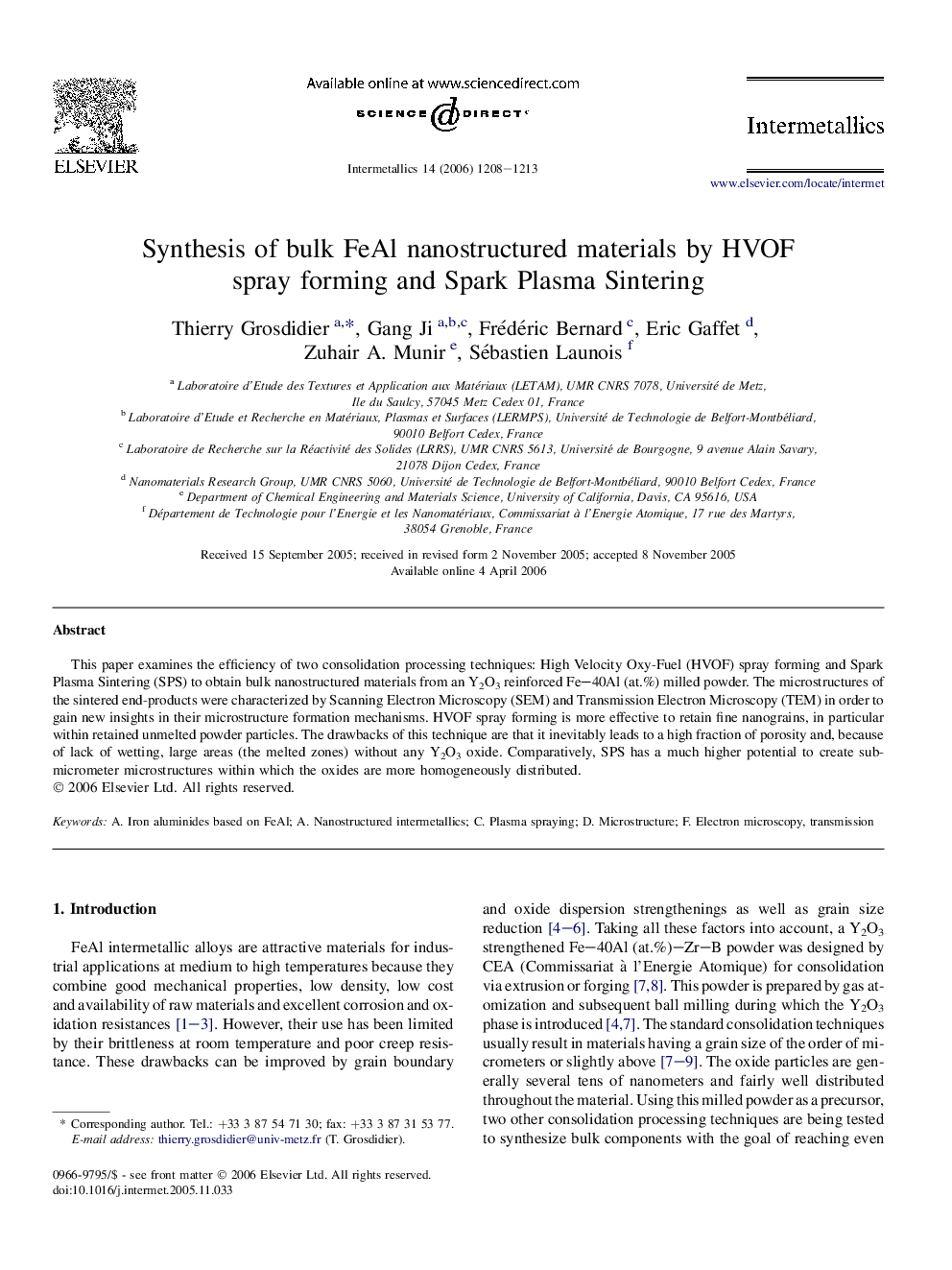 Synthesis of bulk FeAl nanostructured materials by HVOF spray forming and Spark Plasma Sintering