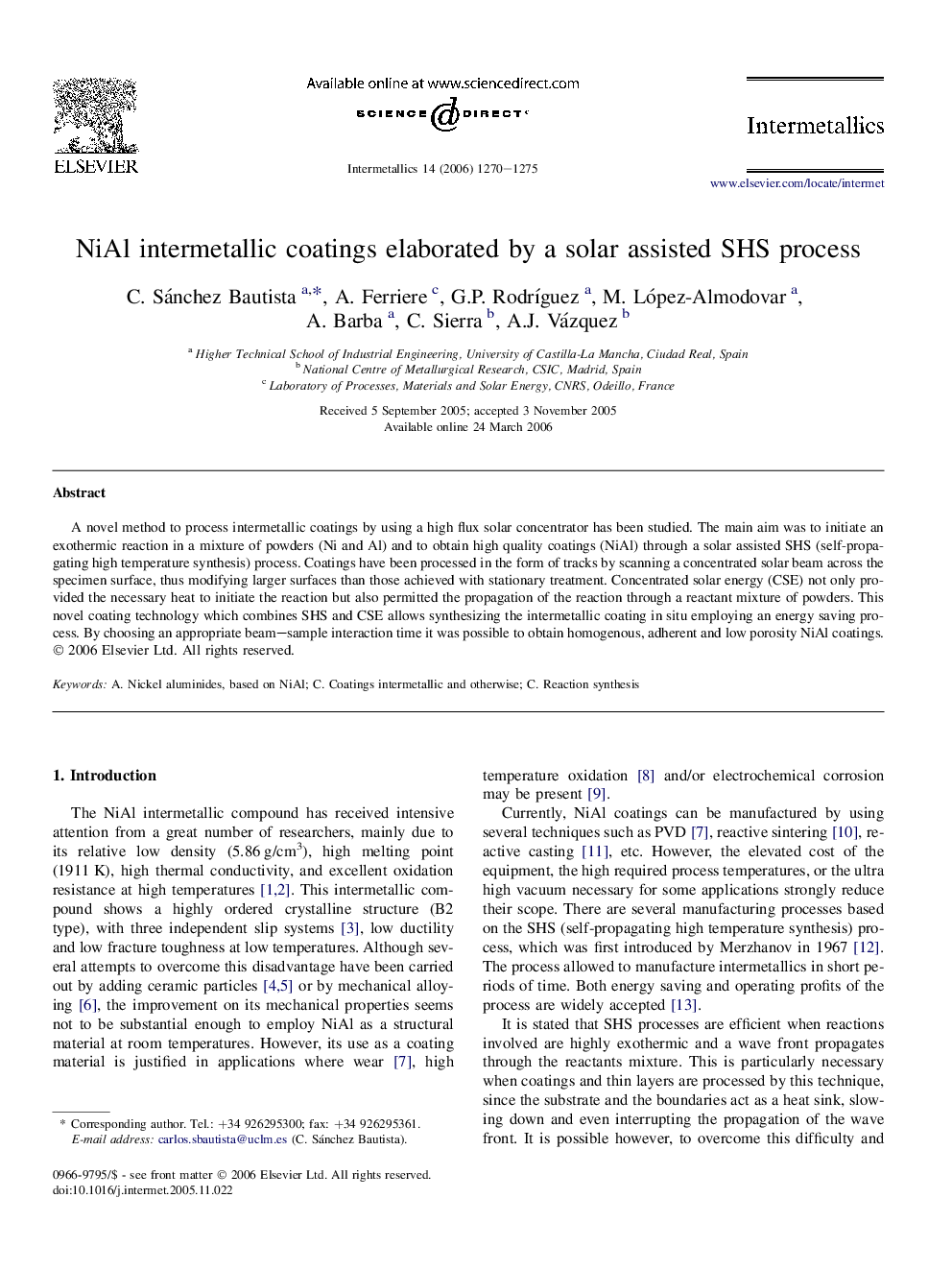 NiAl intermetallic coatings elaborated by a solar assisted SHS process