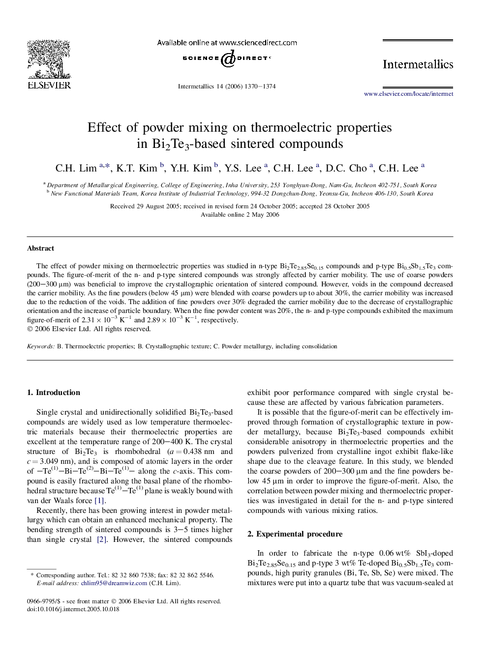 Effect of powder mixing on thermoelectric properties in Bi2Te3-based sintered compounds