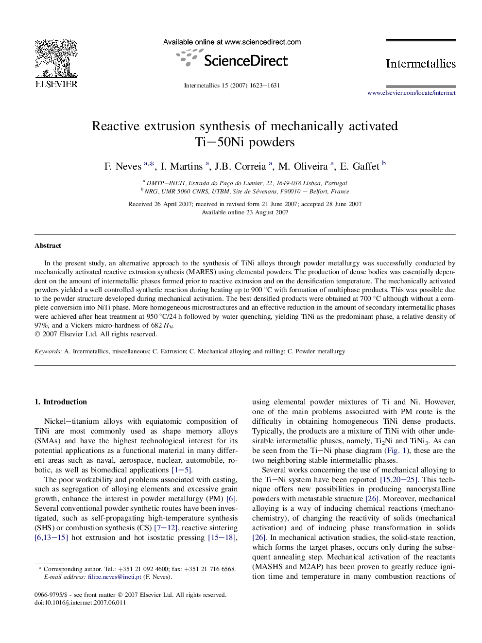 Reactive extrusion synthesis of mechanically activated Ti–50Ni powders