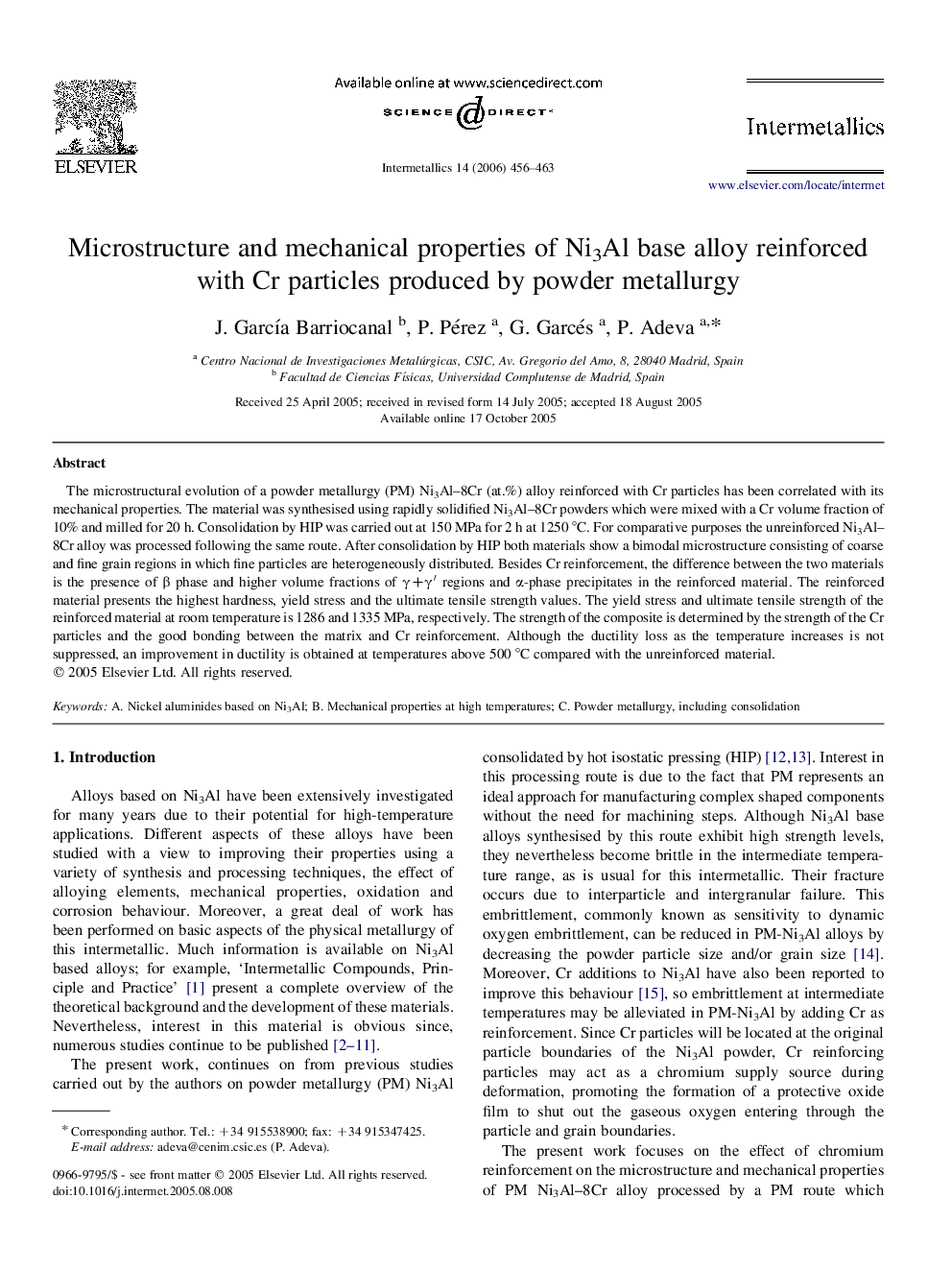 Microstructure and mechanical properties of Ni3Al base alloy reinforced with Cr particles produced by powder metallurgy