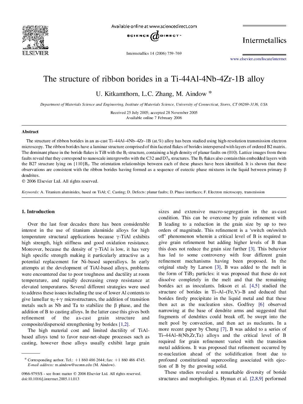 The structure of ribbon borides in a Ti-44Al-4Nb-4Zr-1B alloy