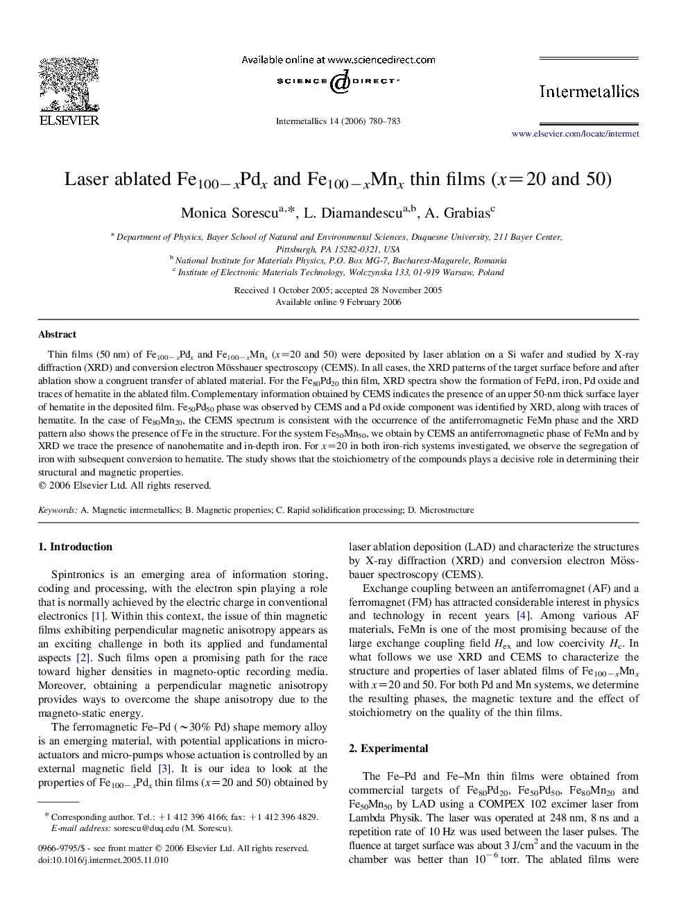 Laser ablated Fe100âxPdx and Fe100âxMnx thin films (x=20 and 50)