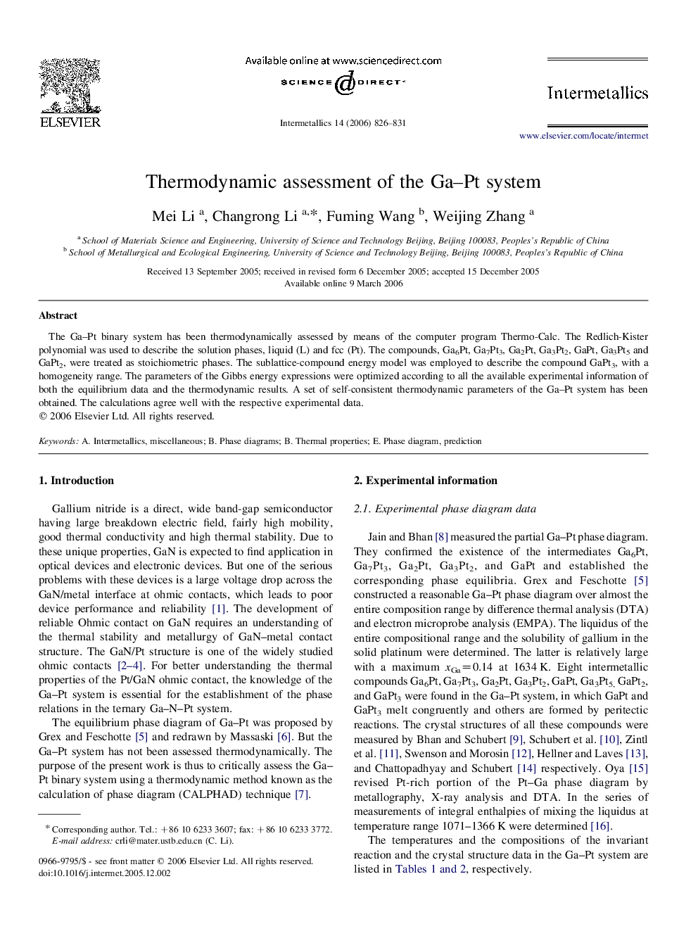 Thermodynamic assessment of the Ga–Pt system