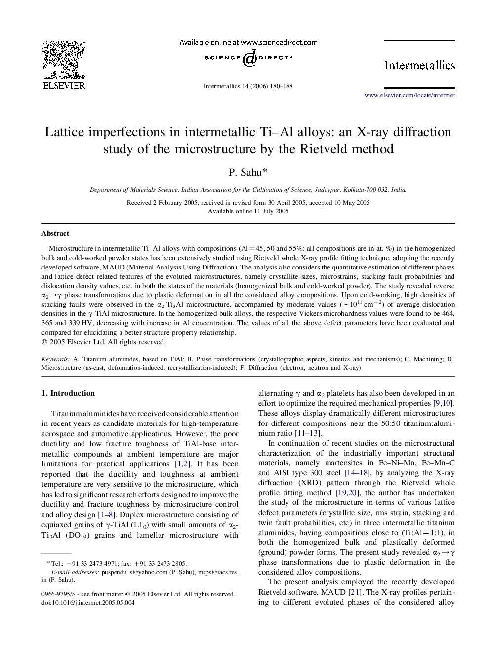 Lattice imperfections in intermetallic Ti–Al alloys: an X-ray diffraction study of the microstructure by the Rietveld method