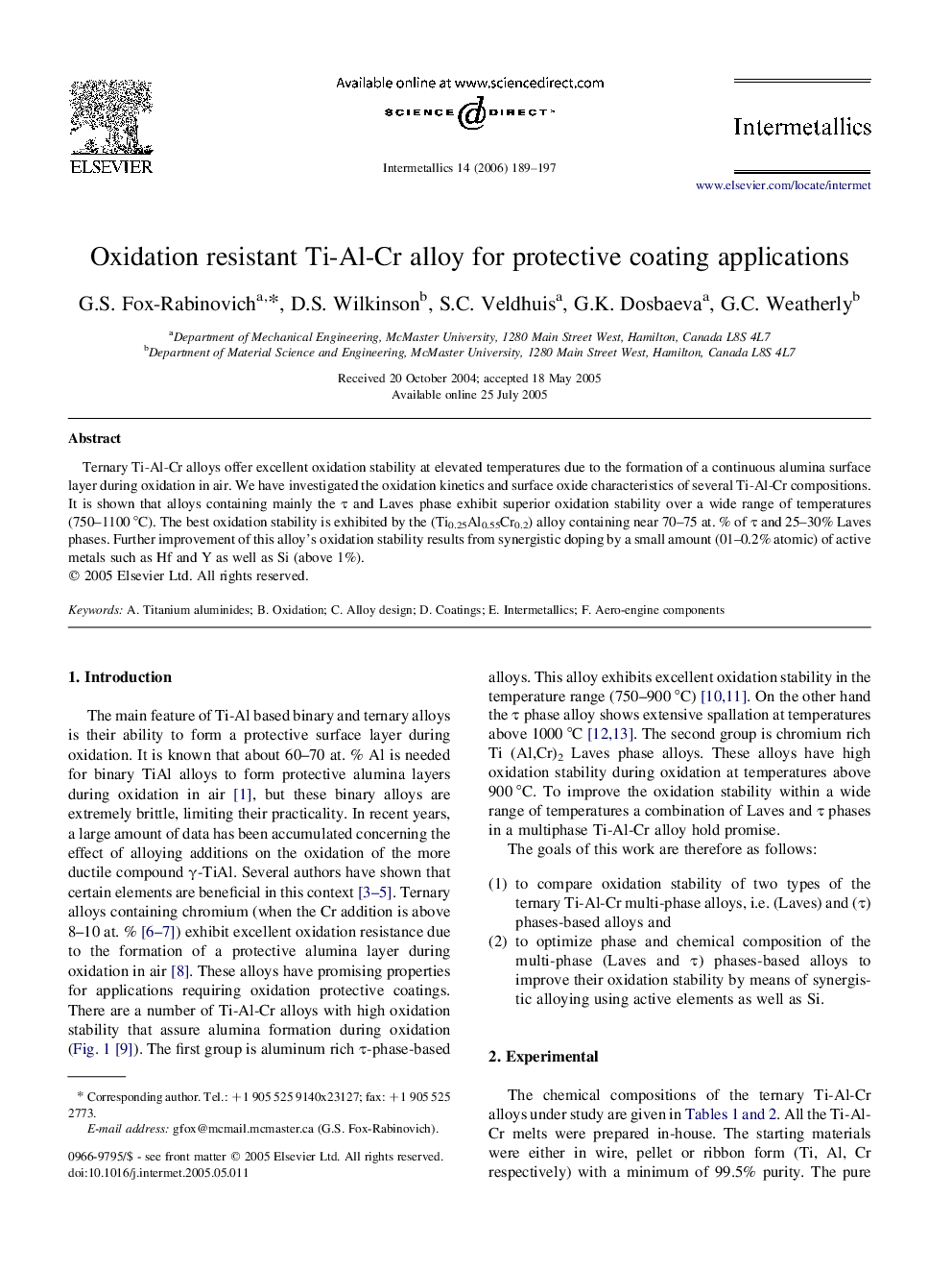 Oxidation resistant Ti-Al-Cr alloy for protective coating applications