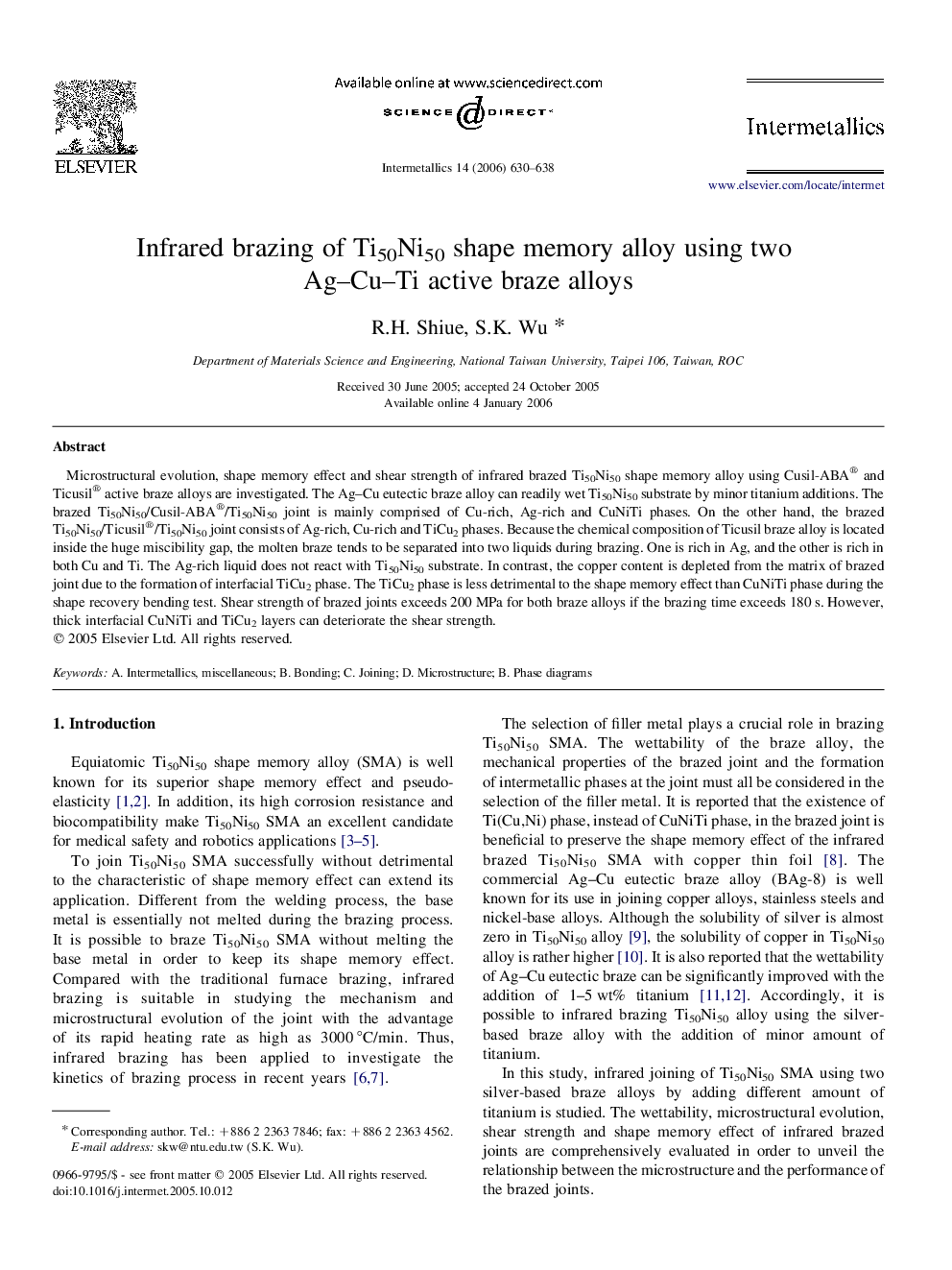 Infrared brazing of Ti50Ni50 shape memory alloy using two Ag–Cu–Ti active braze alloys