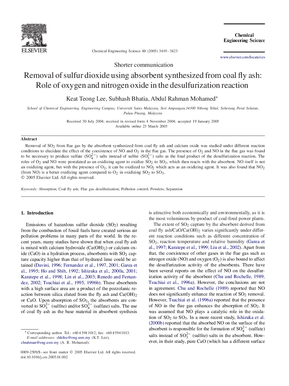 Removal of sulfur dioxide using absorbent synthesized from coal fly ash: Role of oxygen and nitrogen oxide in the desulfurization reaction