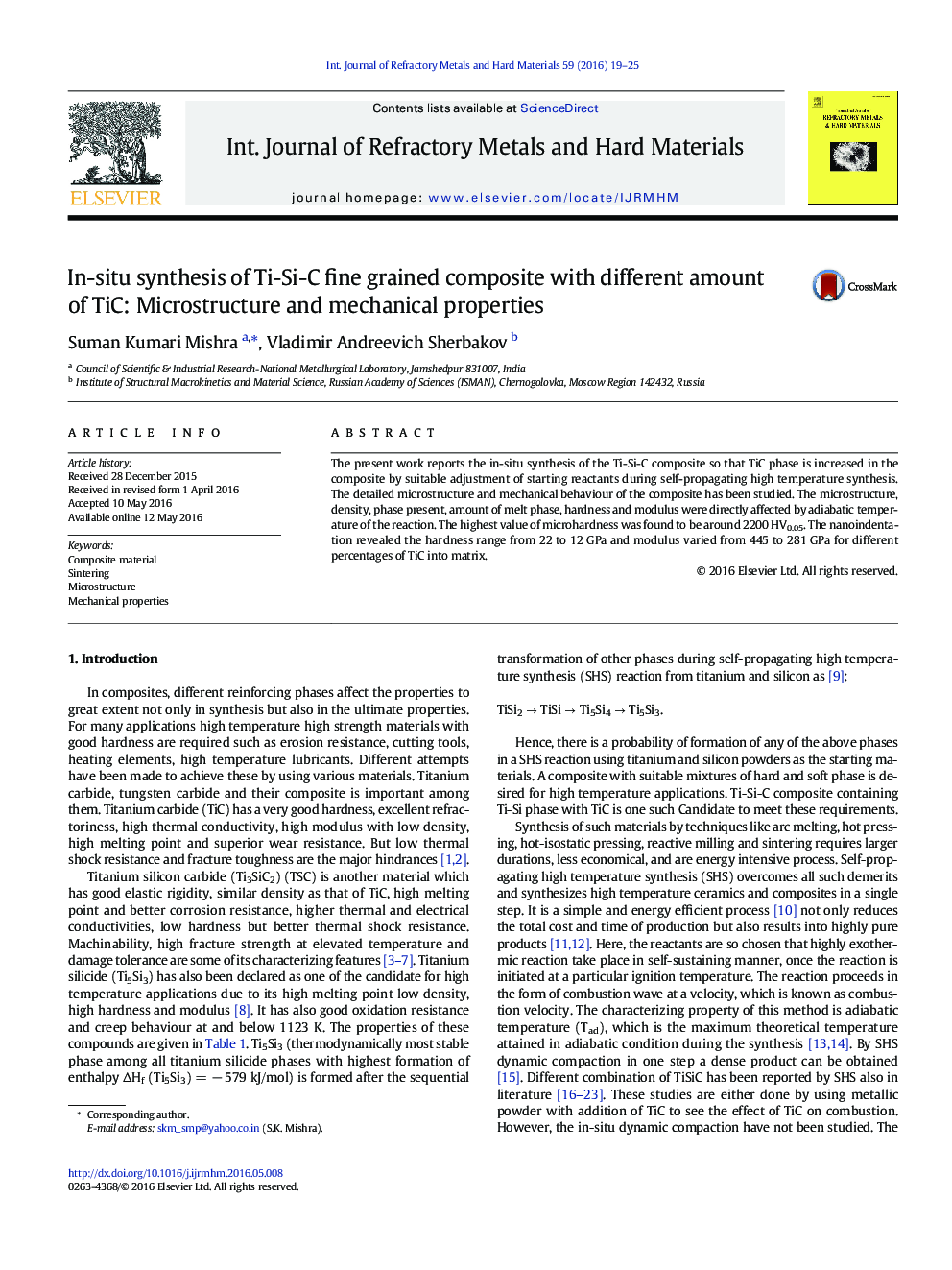 In-situ synthesis of Ti-Si-C fine grained composite with different amount of TiC: Microstructure and mechanical properties