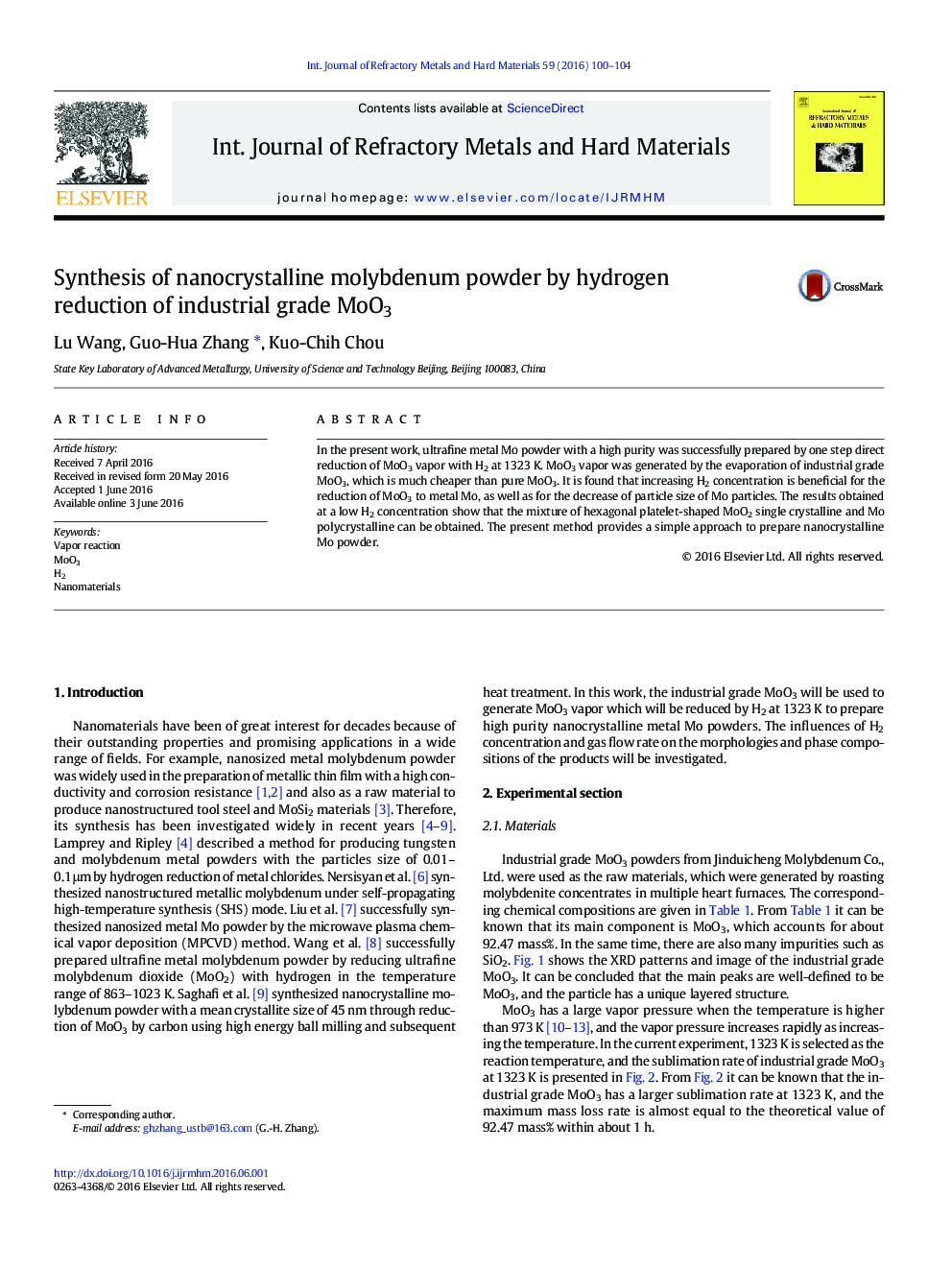 Synthesis of nanocrystalline molybdenum powder by hydrogen reduction of industrial grade MoO3