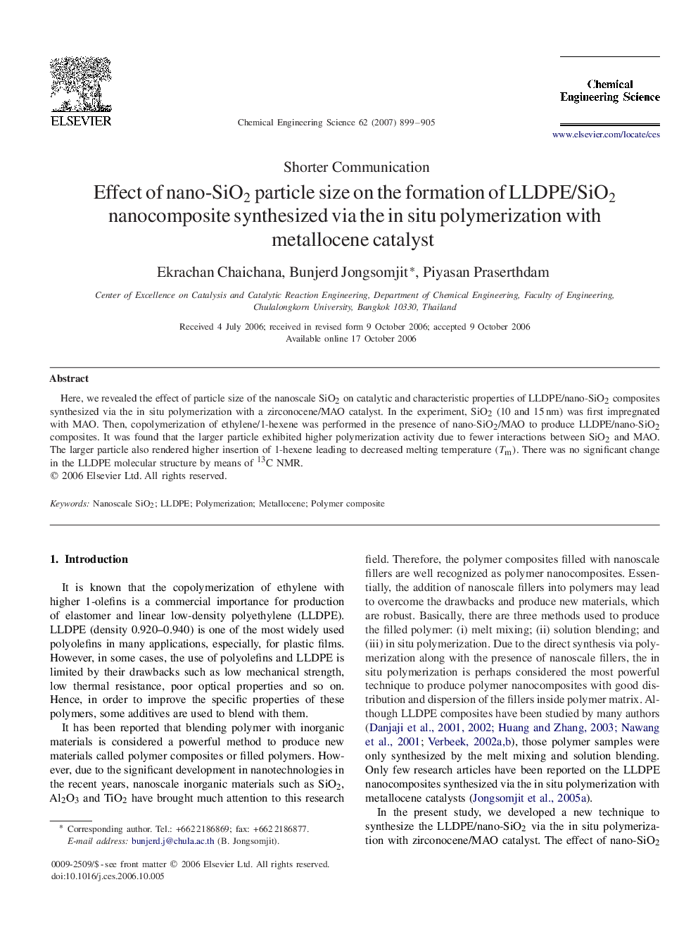 Effect of nano-SiO2 particle size on the formation of LLDPE/SiO2 nanocomposite synthesized via the in situ polymerization with metallocene catalyst