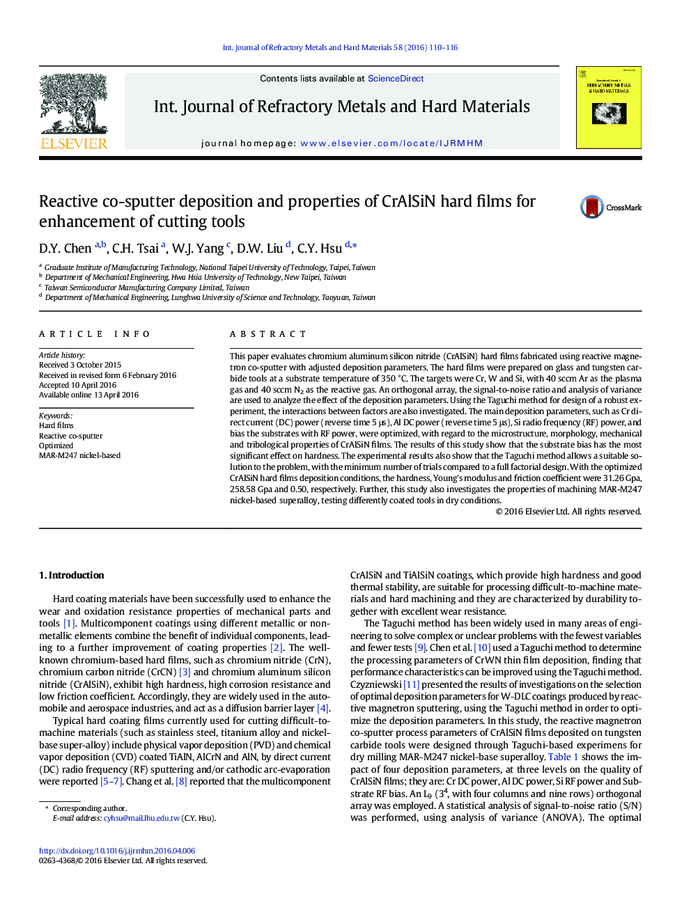 Reactive co-sputter deposition and properties of CrAlSiN hard films for enhancement of cutting tools