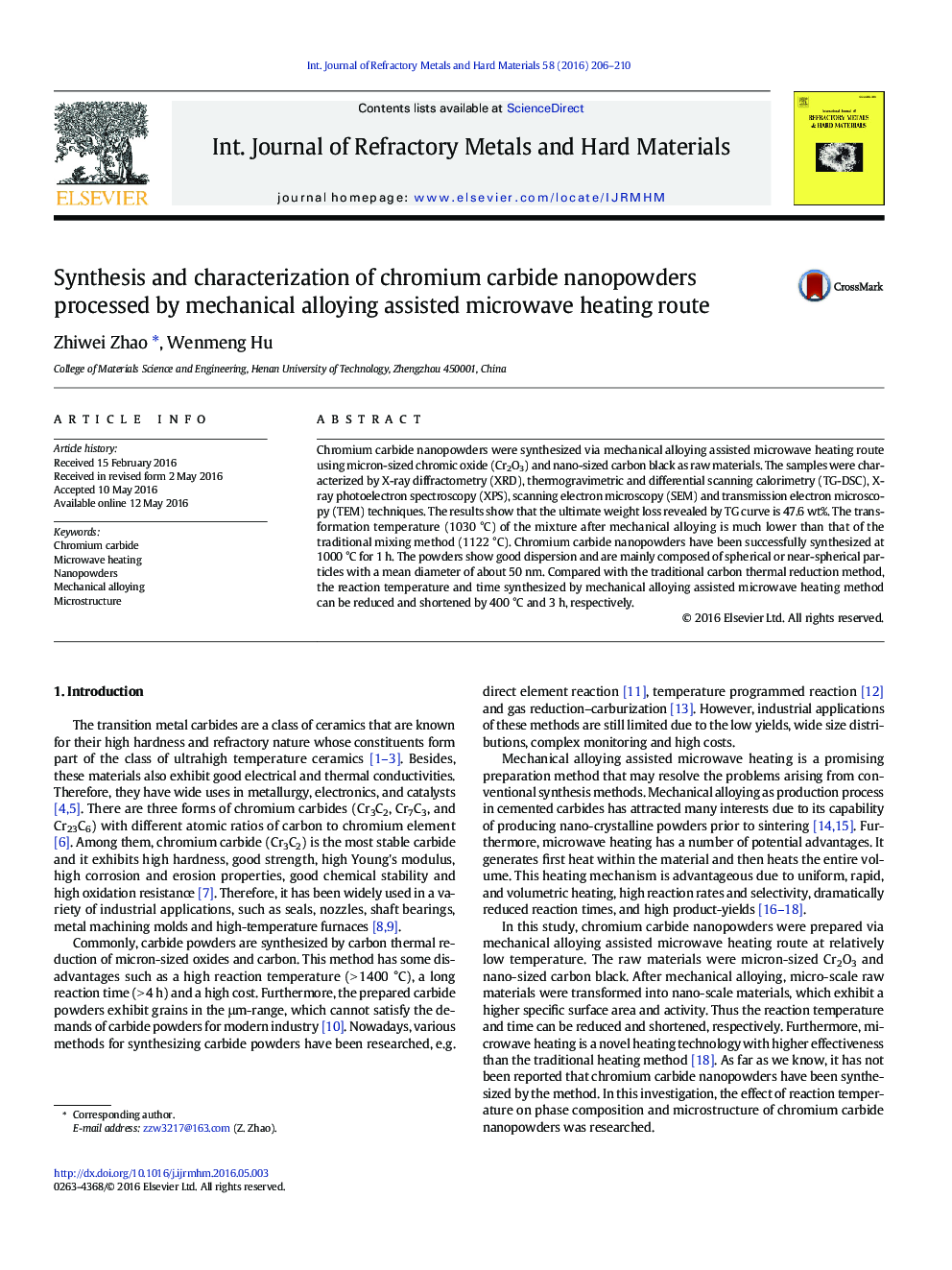 Synthesis and characterization of chromium carbide nanopowders processed by mechanical alloying assisted microwave heating route