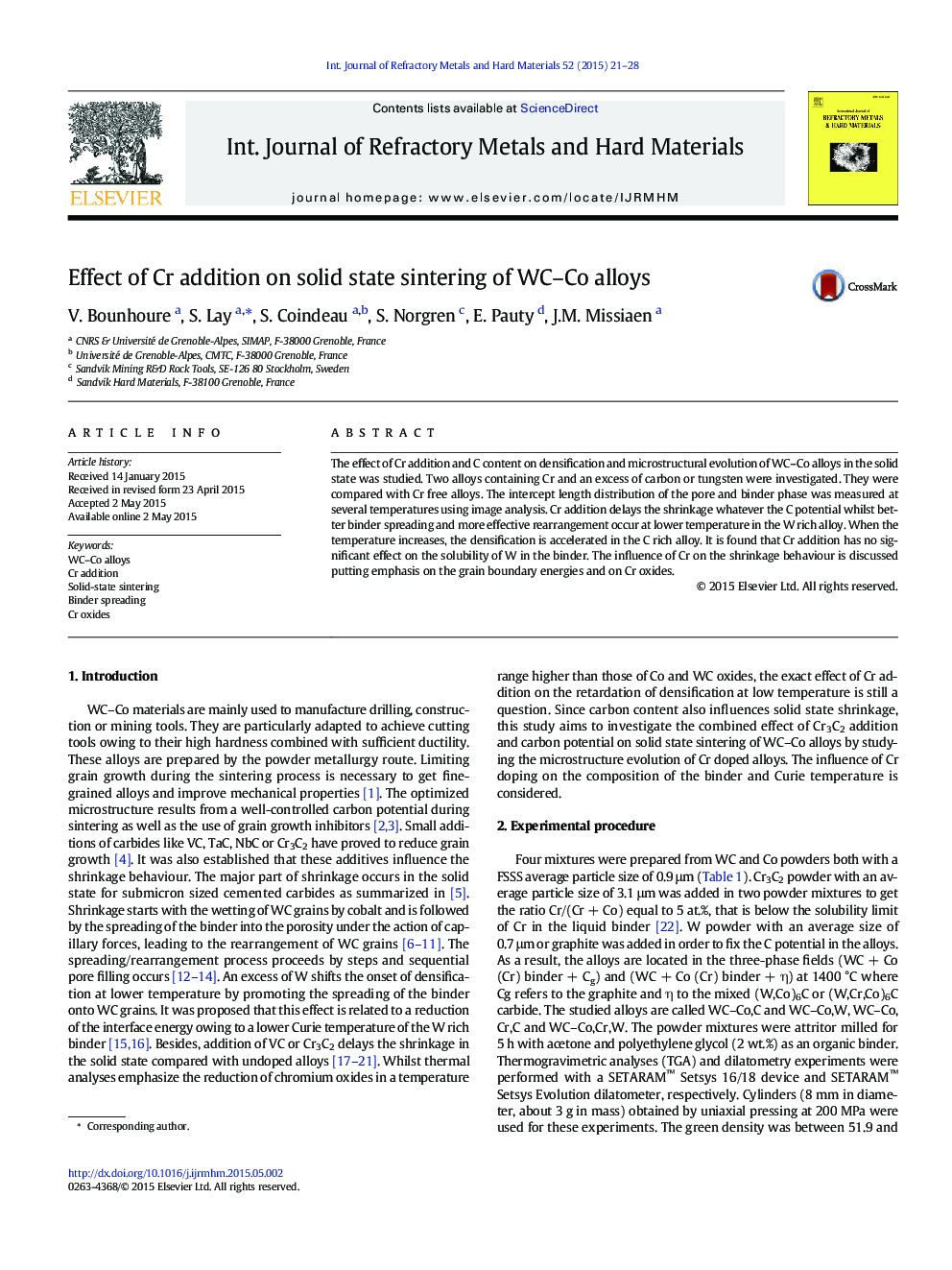 Effect of Cr addition on solid state sintering of WC–Co alloys