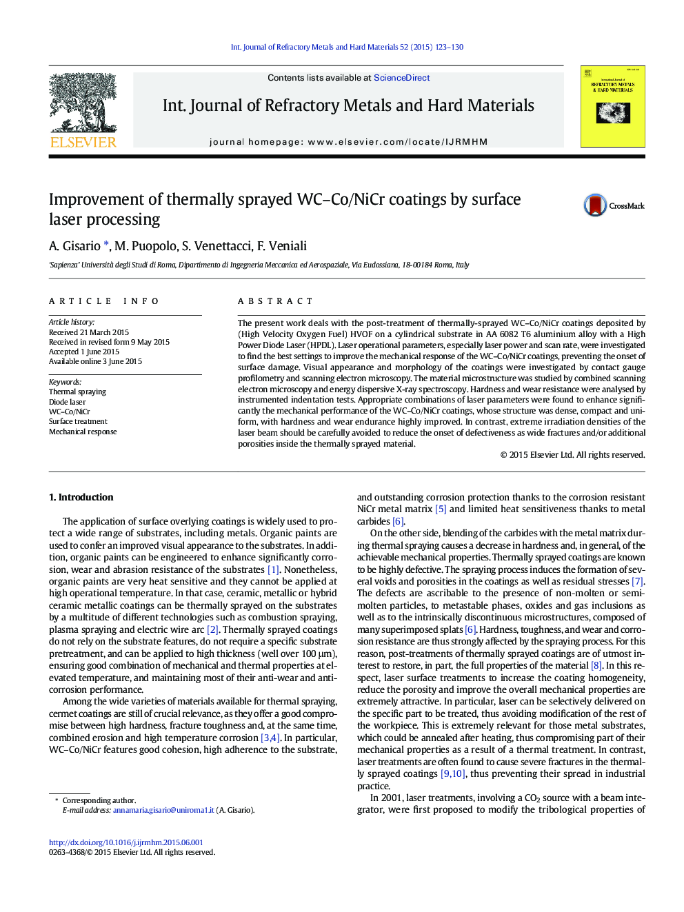 Improvement of thermally sprayed WC–Co/NiCr coatings by surface laser processing