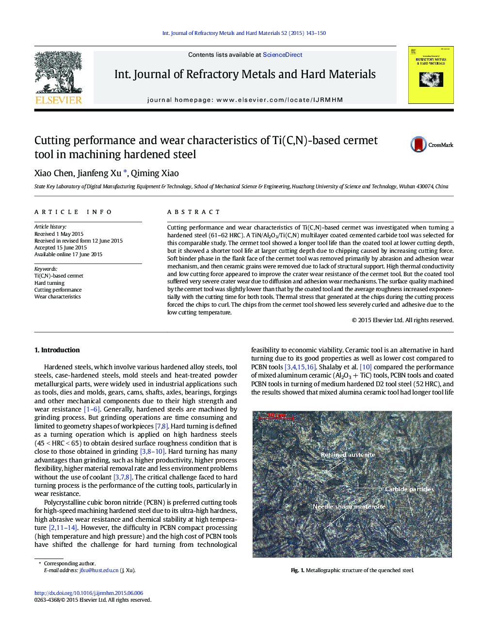 Cutting performance and wear characteristics of Ti(C,N)-based cermet tool in machining hardened steel