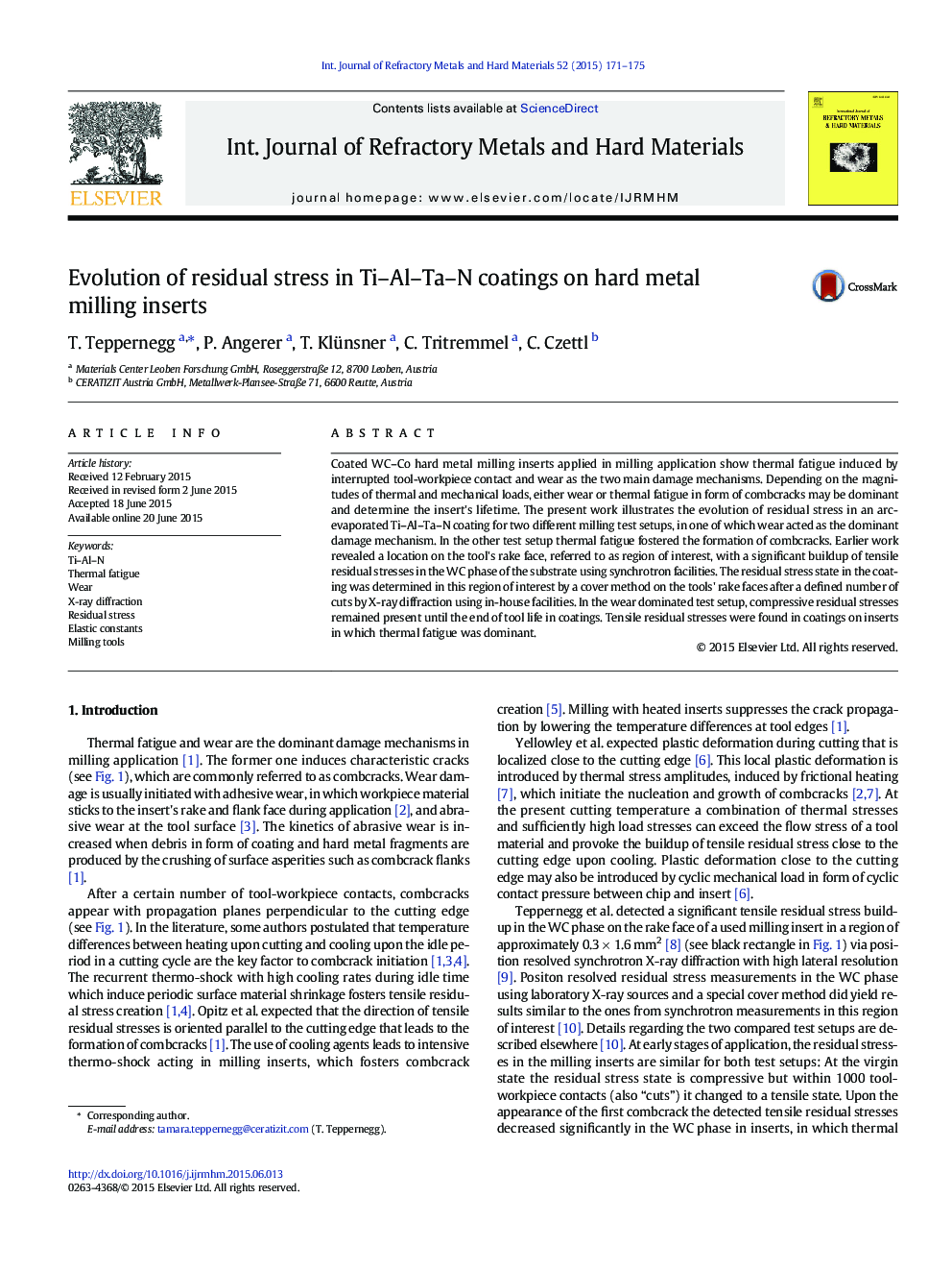 Evolution of residual stress in Ti–Al–Ta–N coatings on hard metal milling inserts