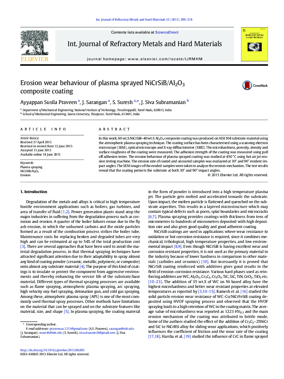 Erosion wear behaviour of plasma sprayed NiCrSiB/Al2O3 composite coating