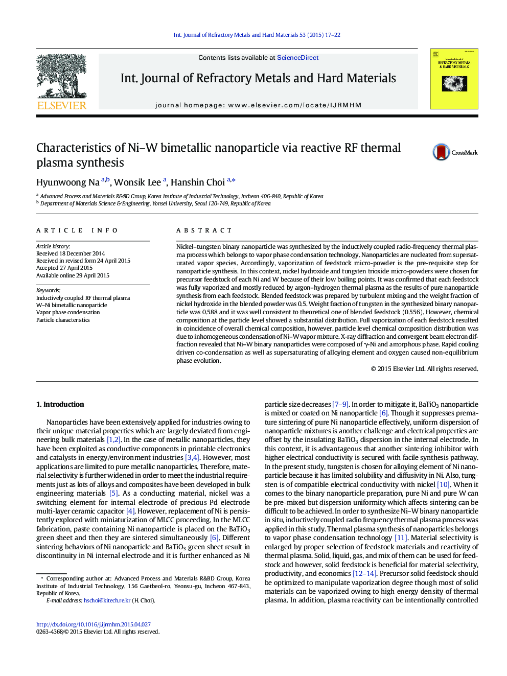 Characteristics of Ni–W bimetallic nanoparticle via reactive RF thermal plasma synthesis