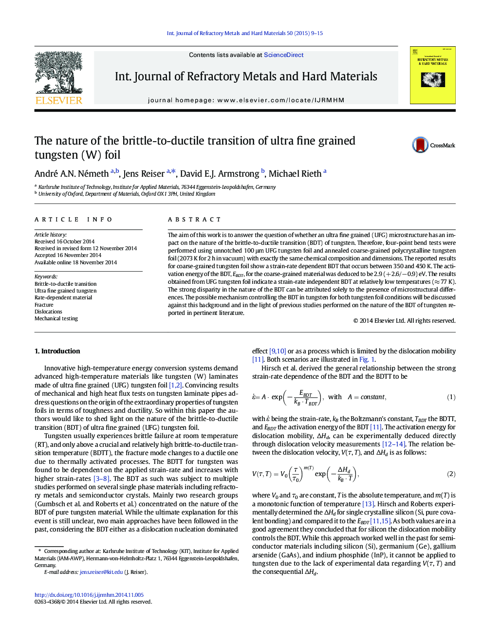 The nature of the brittle-to-ductile transition of ultra fine grained tungsten (W) foil