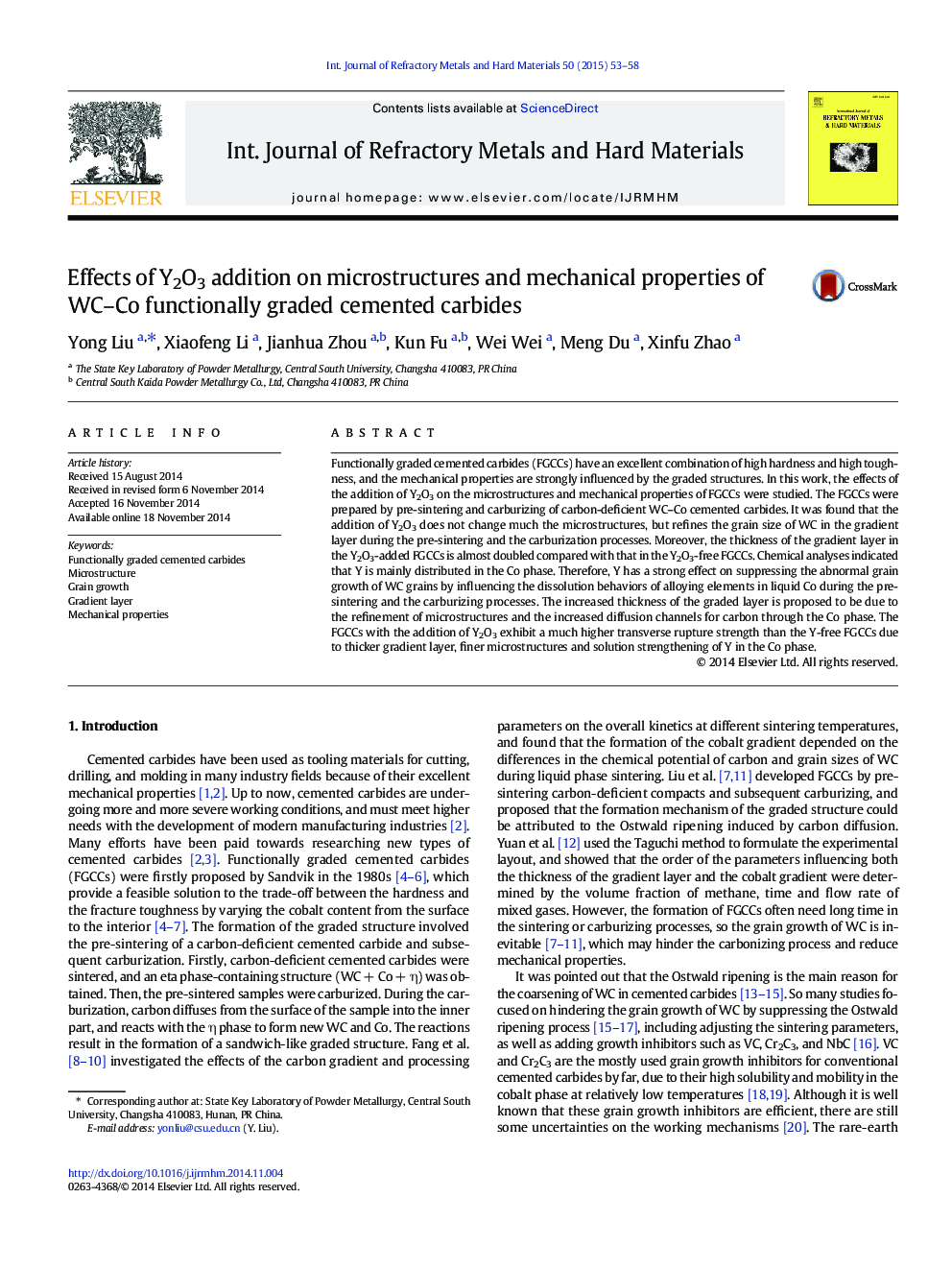 Effects of Y2O3 addition on microstructures and mechanical properties of WC-Co functionally graded cemented carbides