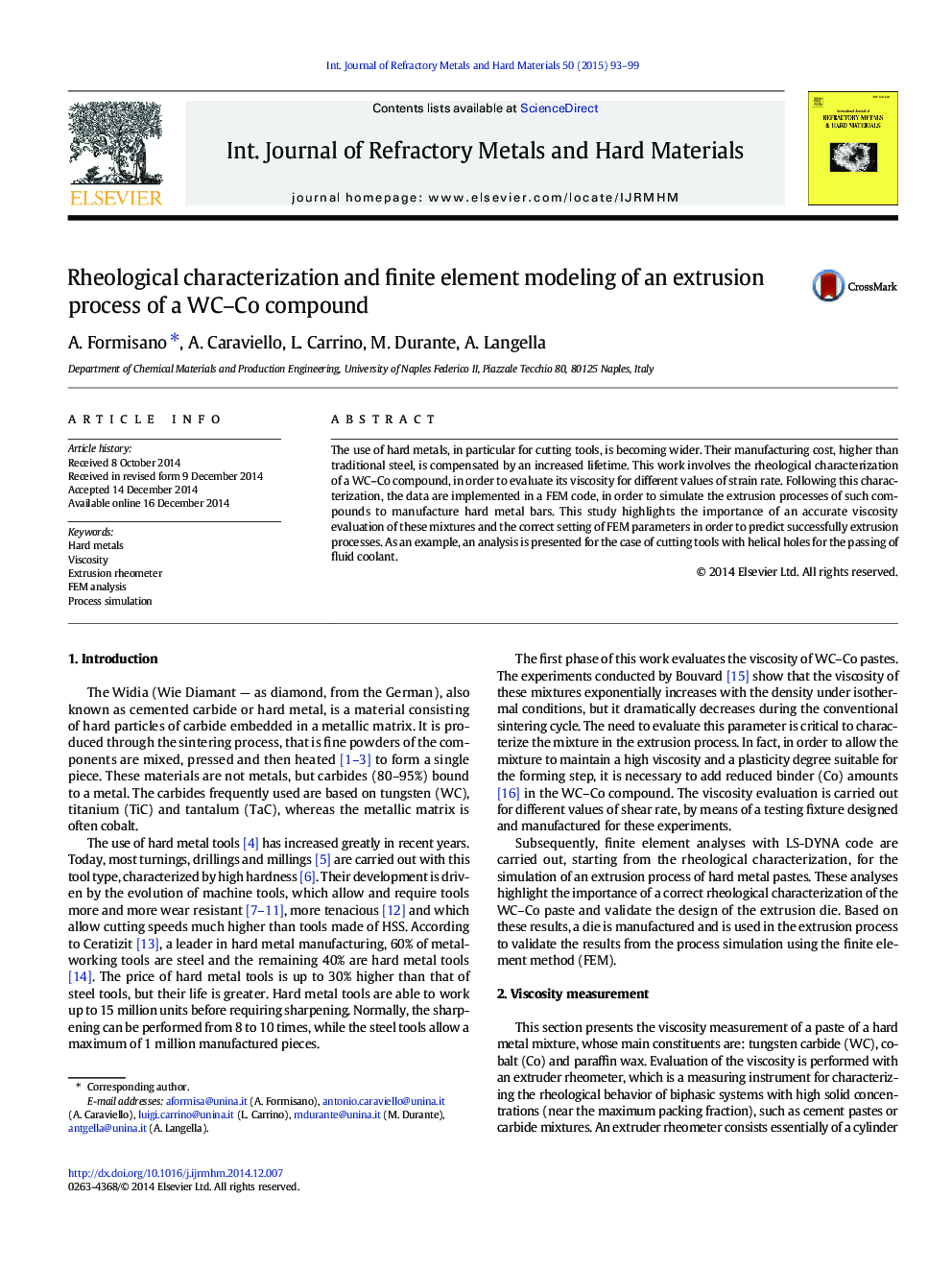 Rheological characterization and finite element modeling of an extrusion process of a WC-Co compound