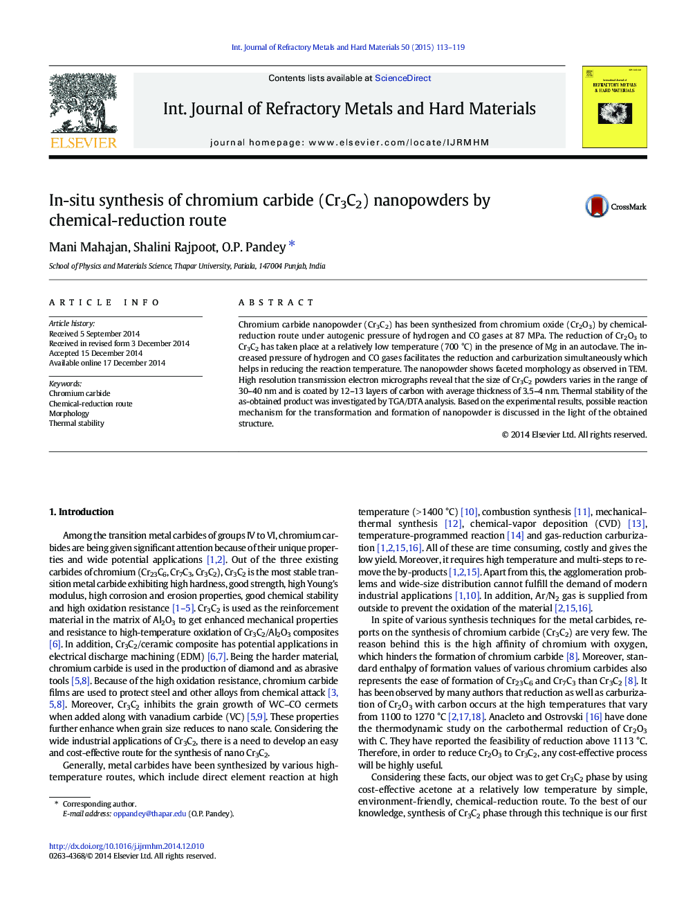 In-situ synthesis of chromium carbide (Cr3C2) nanopowders by chemical-reduction route