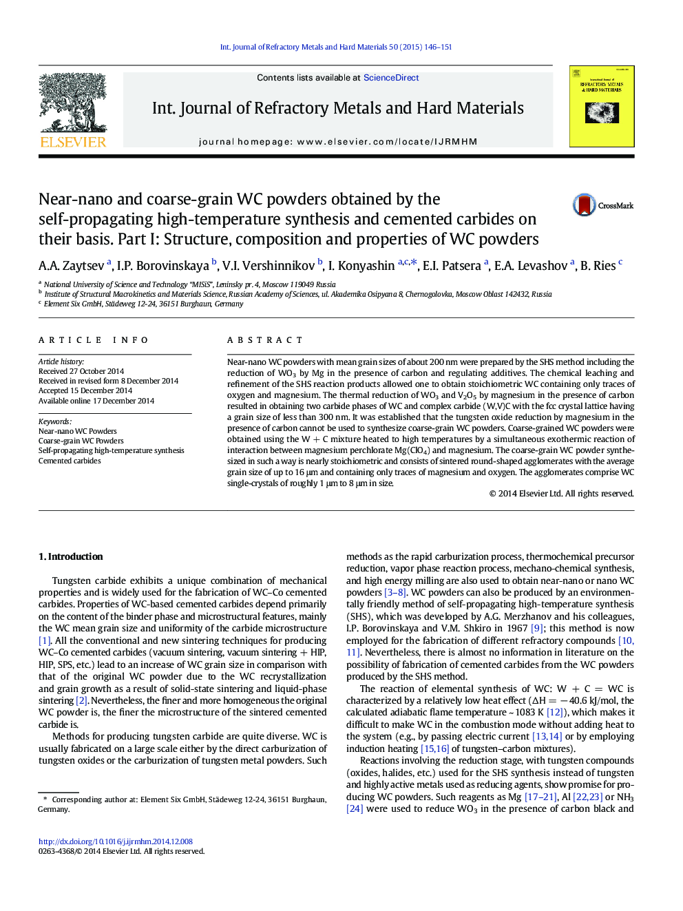 Near-nano and coarse-grain WC powders obtained by the self-propagating high-temperature synthesis and cemented carbides on their basis. Part I: Structure, composition and properties of WC powders