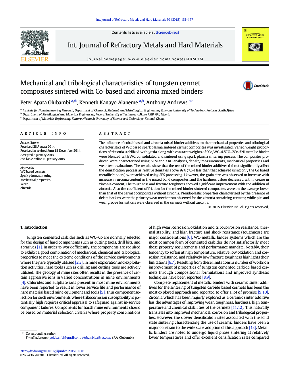 Mechanical and tribological characteristics of tungsten cermet composites sintered with Co-based and zirconia mixed binders