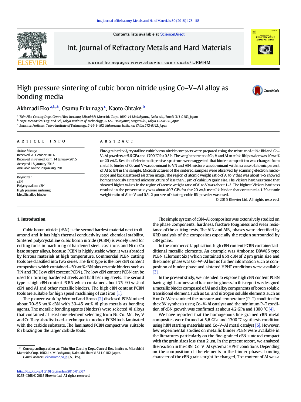 High pressure sintering of cubic boron nitride using Co–V–Al alloy as bonding media