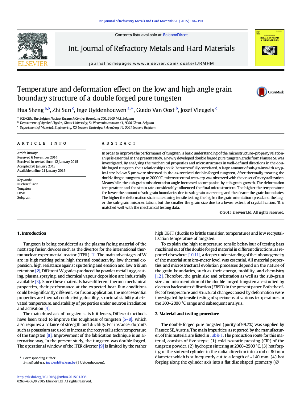 Temperature and deformation effect on the low and high angle grain boundary structure of a double forged pure tungsten