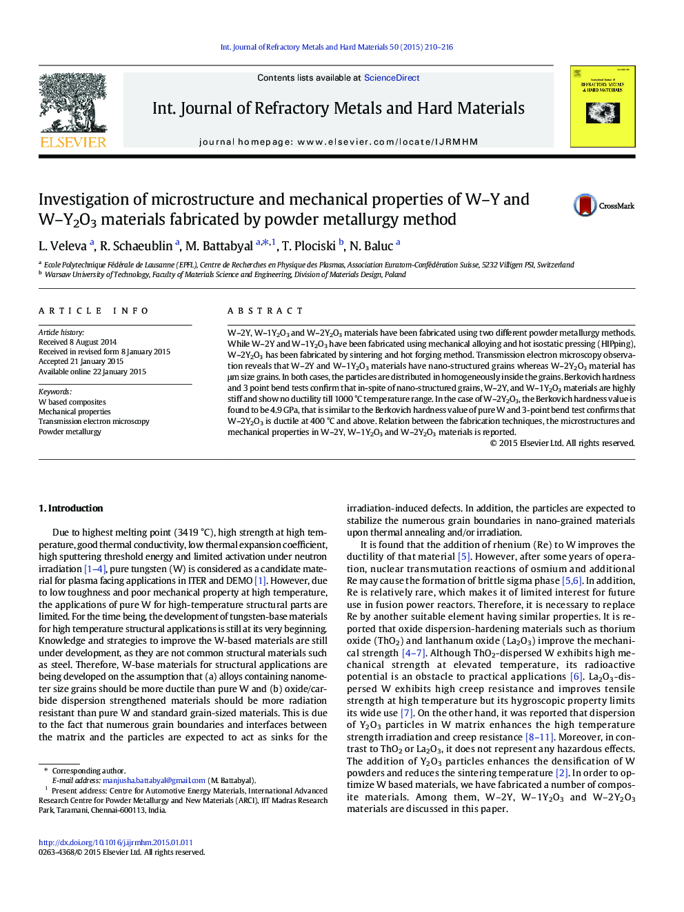 Investigation of microstructure and mechanical properties of W-Y and W-Y2O3 materials fabricated by powder metallurgy method