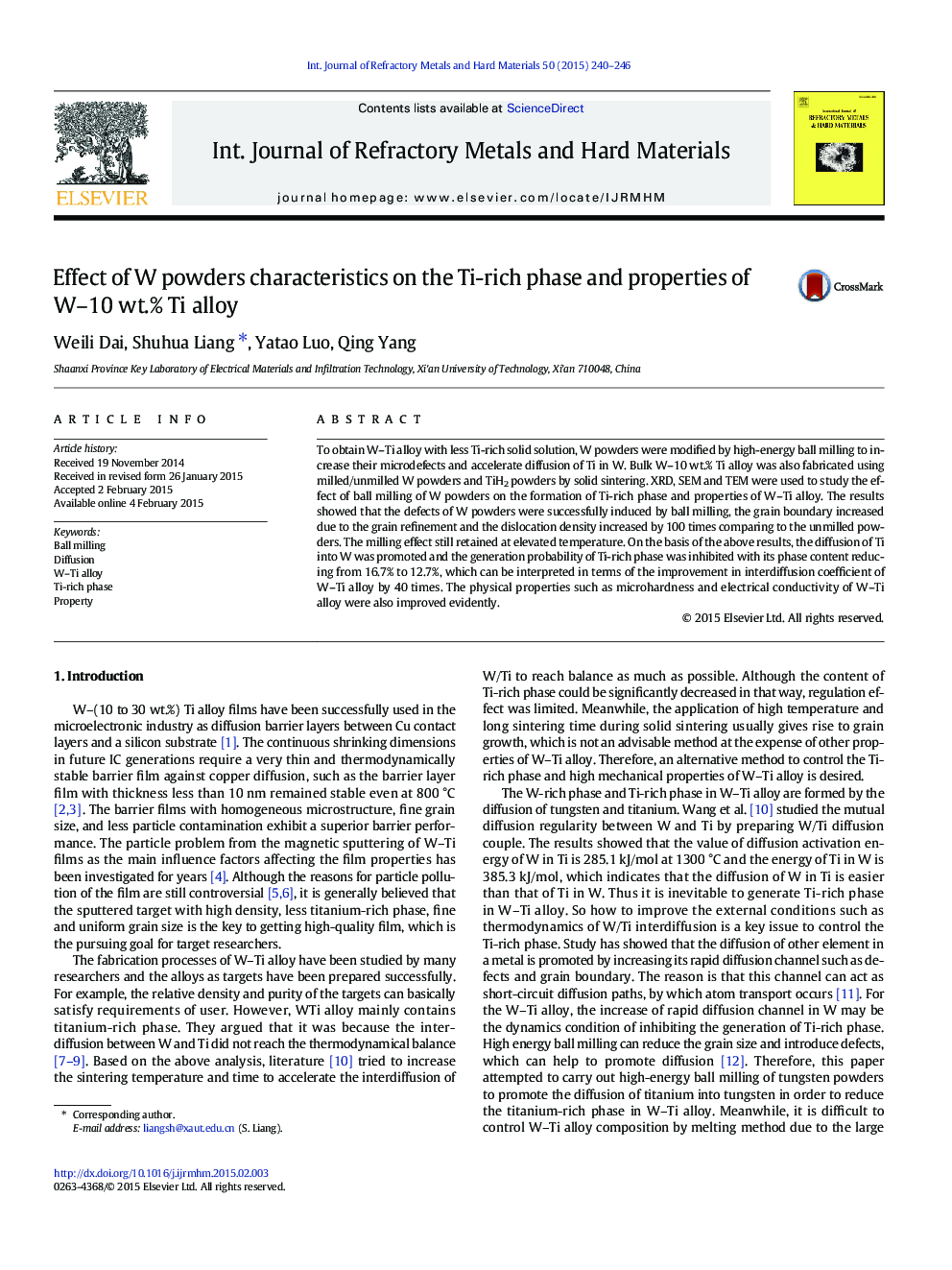 Effect of W powders characteristics on the Ti-rich phase and properties of W–10 wt.% Ti alloy