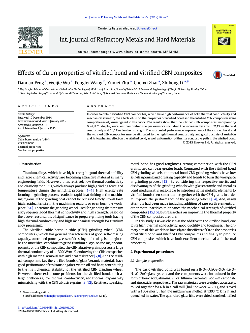 Effects of Cu on properties of vitrified bond and vitrified CBN composites