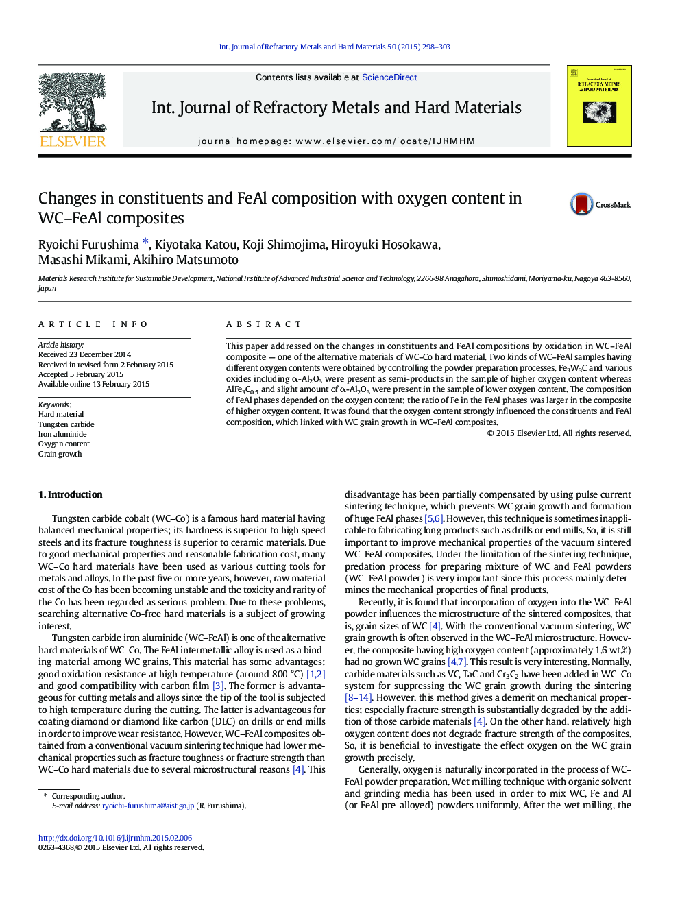 Changes in constituents and FeAl composition with oxygen content in WC–FeAl composites