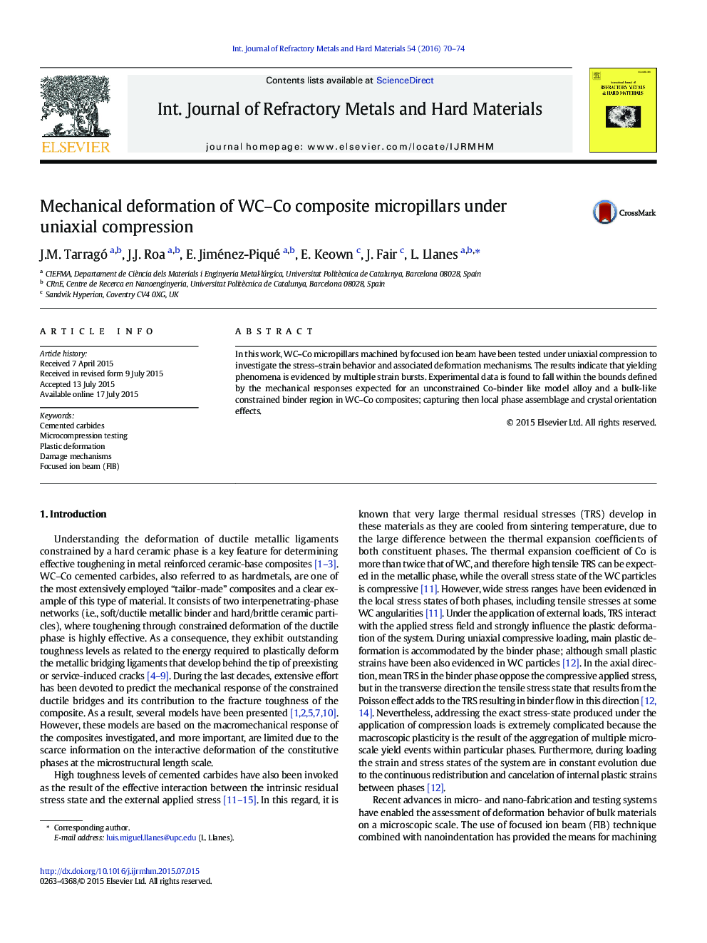 Mechanical deformation of WC–Co composite micropillars under uniaxial compression