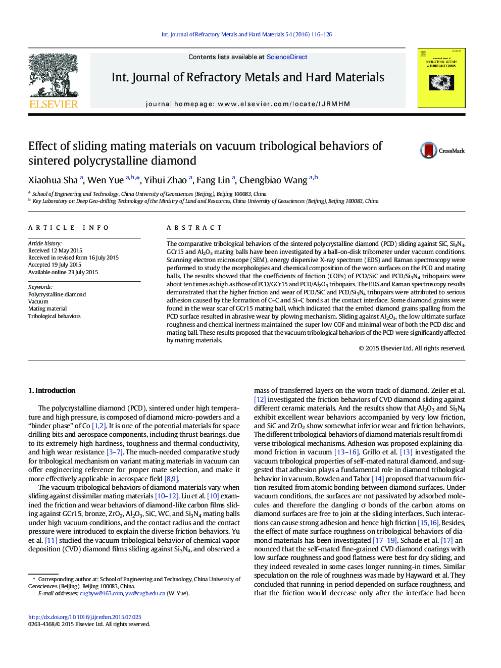 Effect of sliding mating materials on vacuum tribological behaviors of sintered polycrystalline diamond