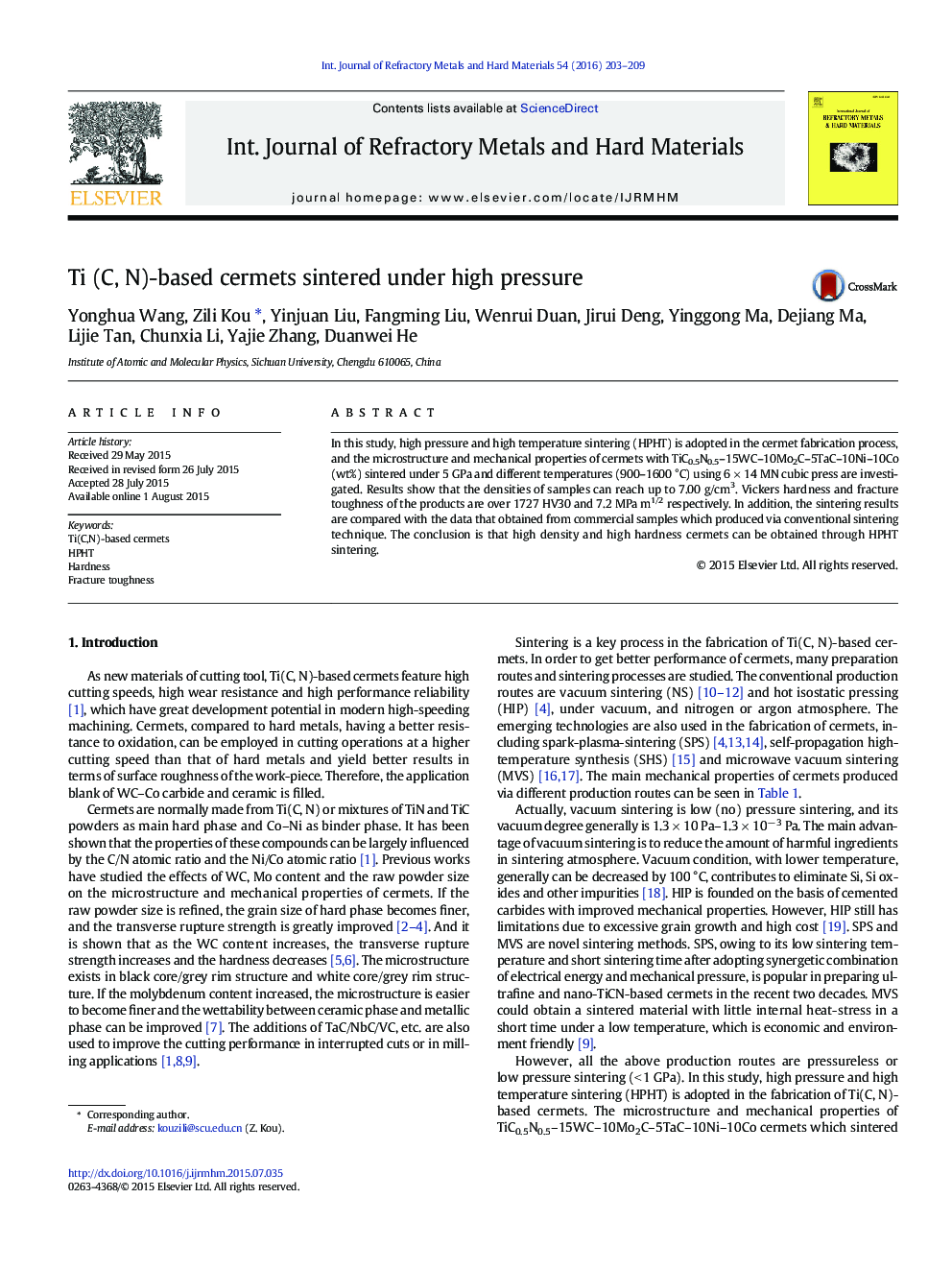 Ti (C, N)-based cermets sintered under high pressure