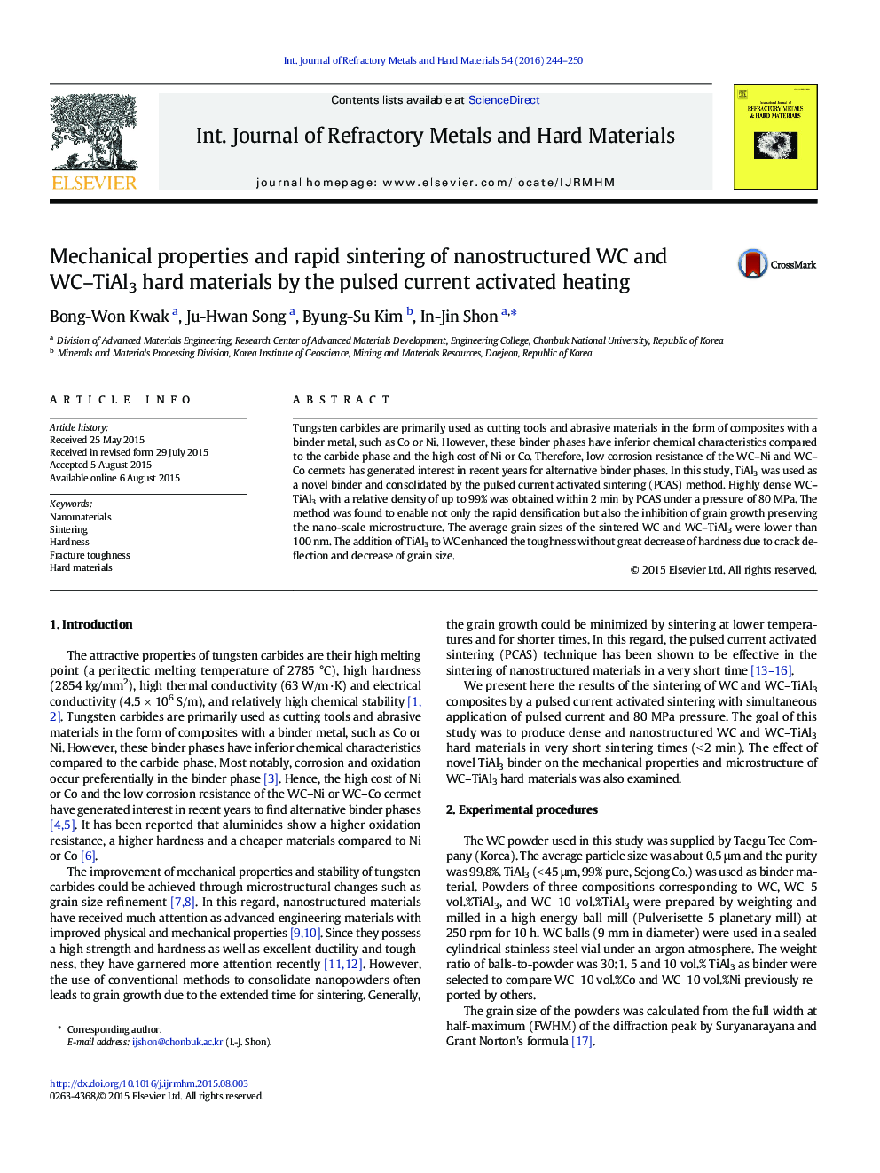 Mechanical properties and rapid sintering of nanostructured WC and WC–TiAl3 hard materials by the pulsed current activated heating