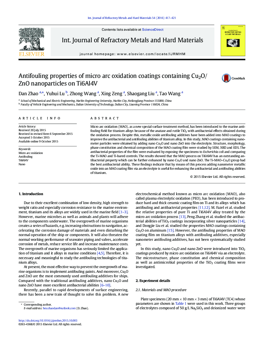 Antifouling properties of micro arc oxidation coatings containing Cu2O/ZnO nanoparticles on Ti6Al4V