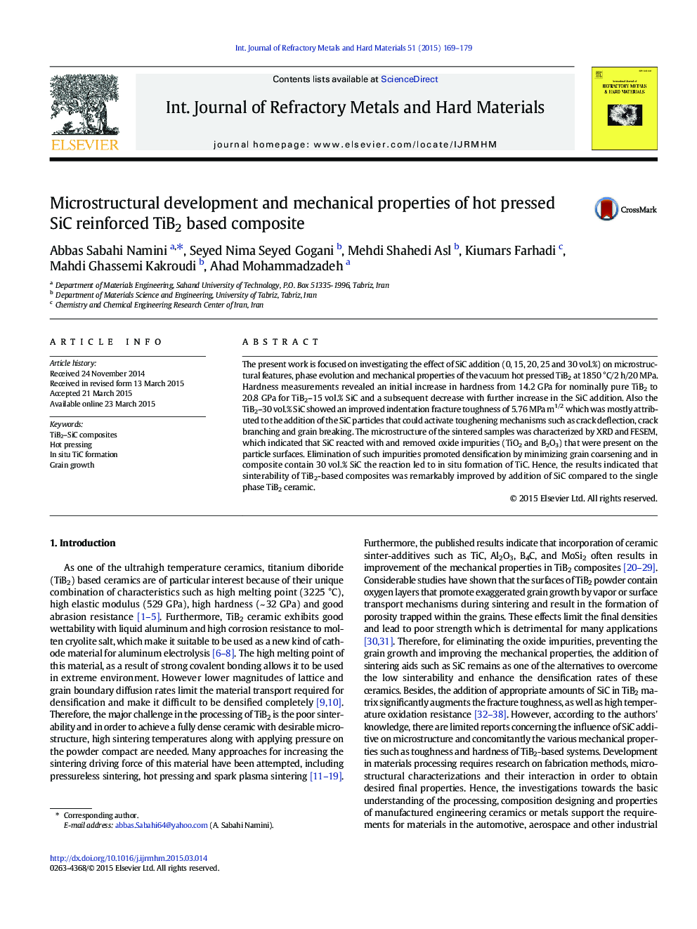 Microstructural development and mechanical properties of hot pressed SiC reinforced TiB2 based composite