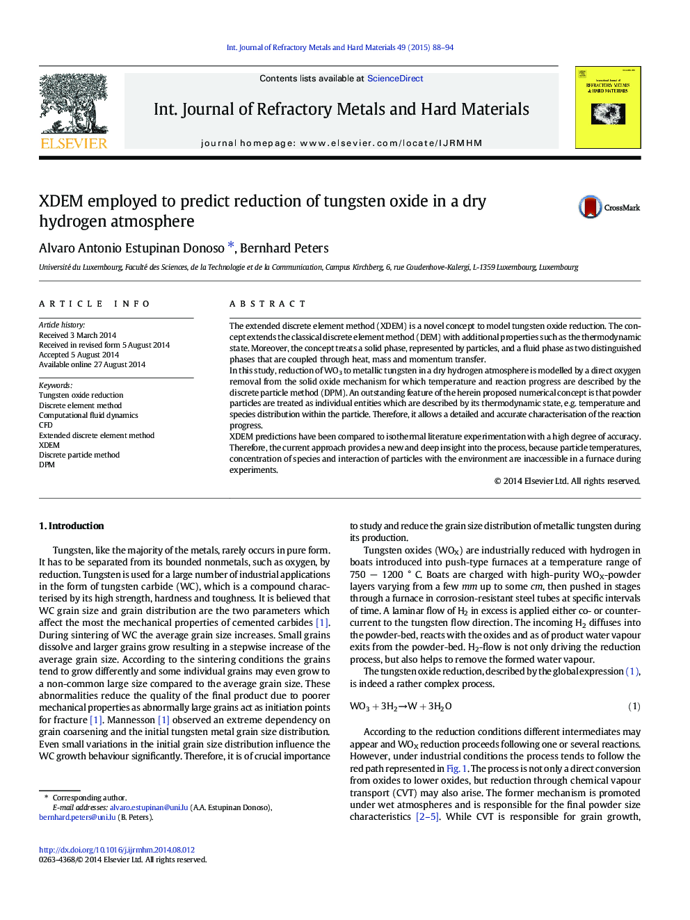 XDEM employed to predict reduction of tungsten oxide in a dry hydrogen atmosphere