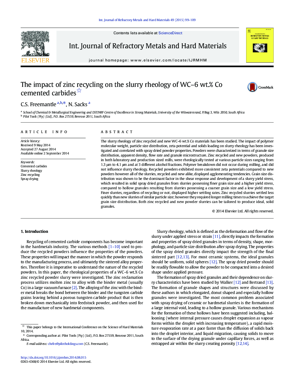 The impact of zinc recycling on the slurry rheology of WC–6 wt.% Co cemented carbides 