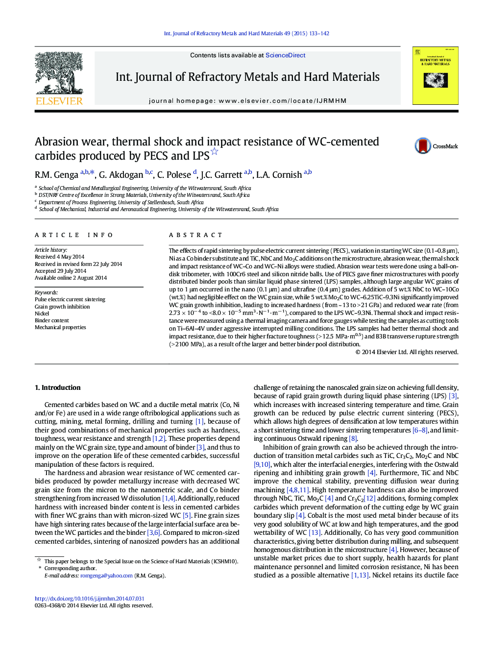 Abrasion wear, thermal shock and impact resistance of WC-cemented carbides produced by PECS and LPS 