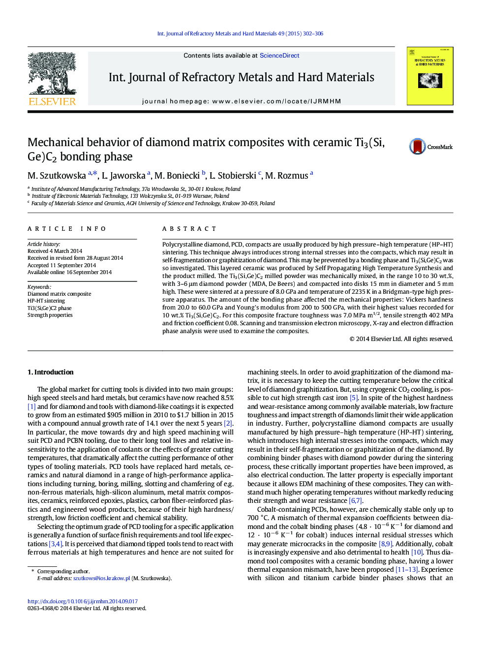 Mechanical behavior of diamond matrix composites with ceramic Ti3(Si,Ge)C2 bonding phase