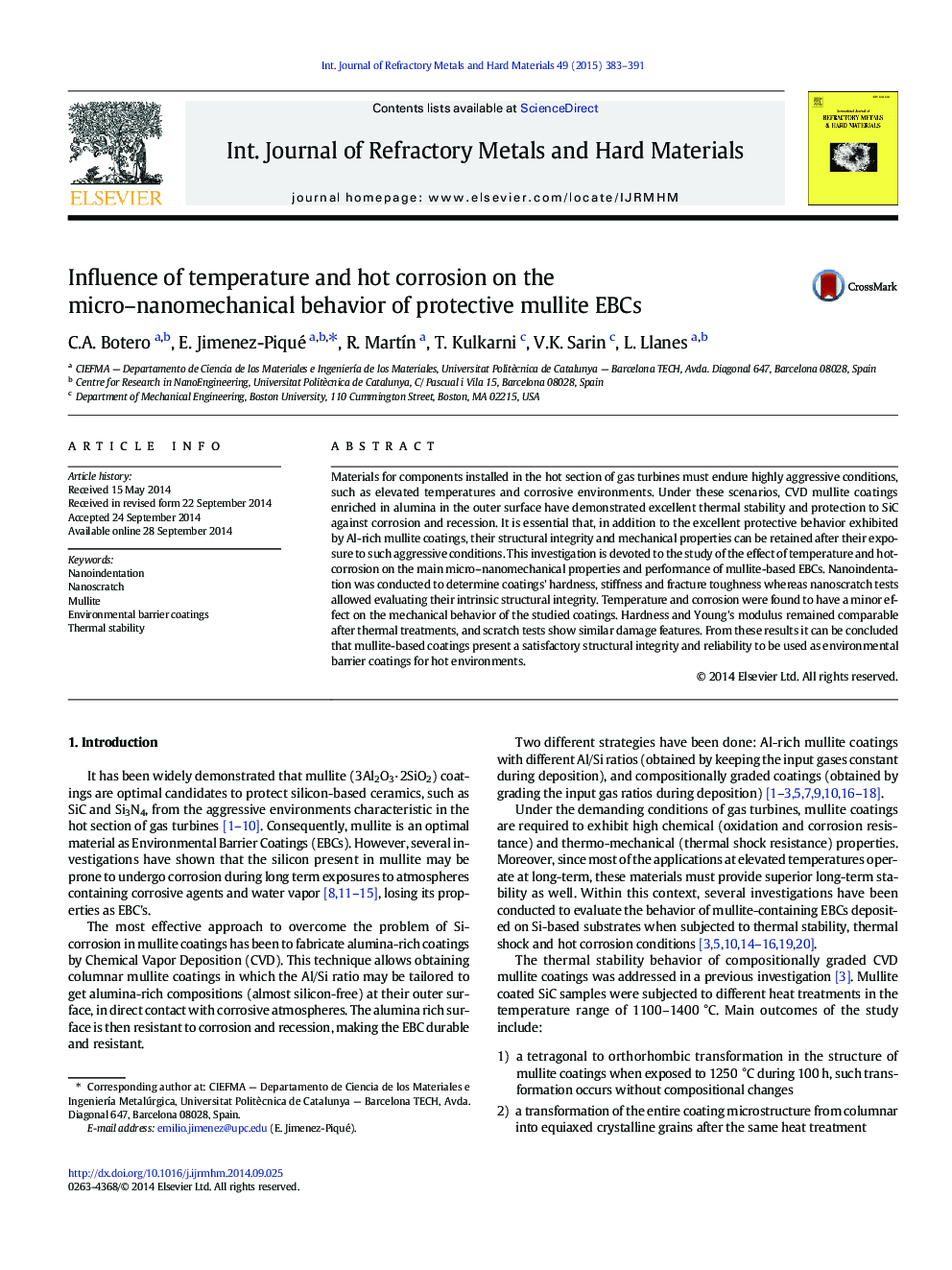 Influence of temperature and hot corrosion on the micro–nanomechanical behavior of protective mullite EBCs