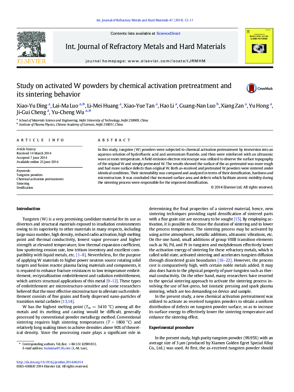 Study on activated W powders by chemical activation pretreatment and its sintering behavior